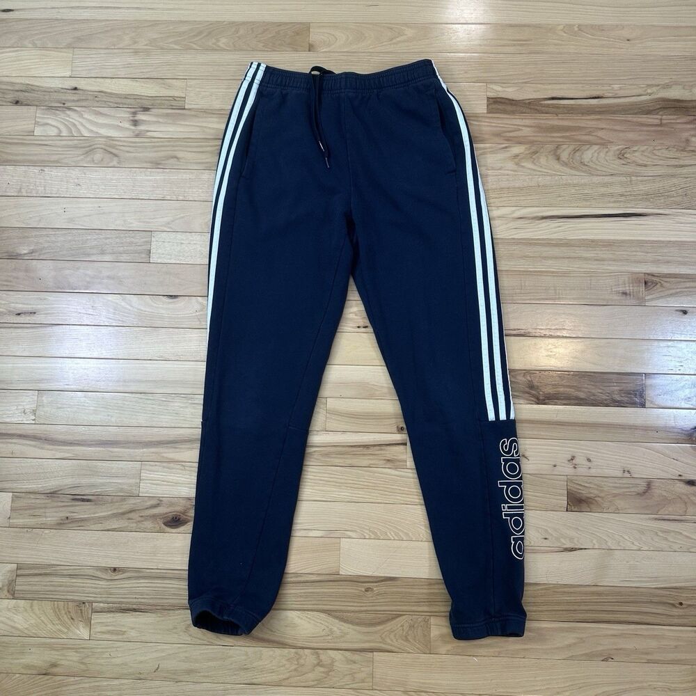 Adidas Mens Pants Joggers Medium Blue White Sweats Spell Out Cuffed 3 Stripe Gym